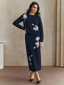 Anewsta Women's Elegant Beaded French Retro Knit 2 Pieces Set - Navy Blue - View 3