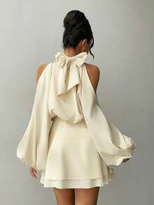 Aloruh Women's New Apricot Solid Color Mini Dress, Long Sleeve, Lantern Sleeve Design, A-Line Dress, Party Dress, Date Dress, Afternoon Tea Dress, Autumn/Winter New Year's Outfit For Women,Spring Outfit Women - Apricot - View 2