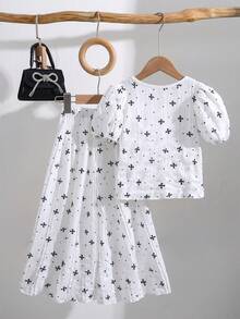 Bộ 2 món/Bộ áo sơ mi chấm bi cổ tròn tay ngắn dễ thương và quần ống rộng cho bé gái, phù hợp cho mùa xuân/hè - trắng - Xem 2