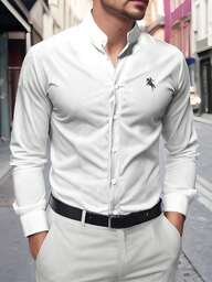 Manfinity Mode เสื้อเชิ้ตแขนยาวแฟชั่นลำลองอเนกประสงค์ติดกระดุมด้านหน้าปักลายสำหรับผู้ชาย