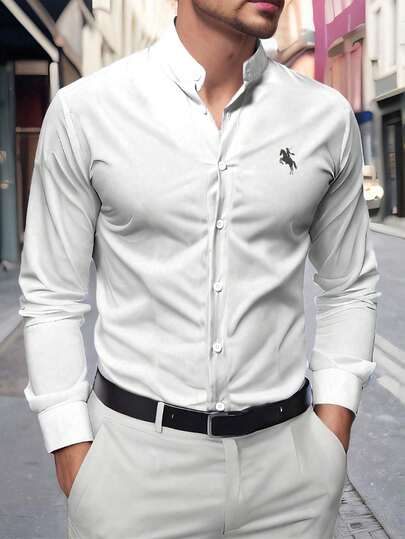 Manfinity Mode Camisa casual de manga larga con botones delanteros y bordado, versátil y de moda para hombres