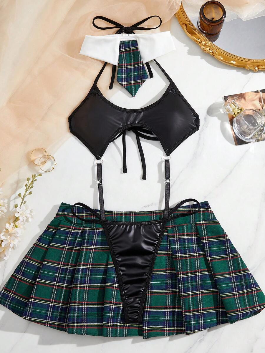 Fantasy Costume 3pcs Set: Cute Sexy Bodysuit + Plaid Mini Skirt - Multicolor - View 1