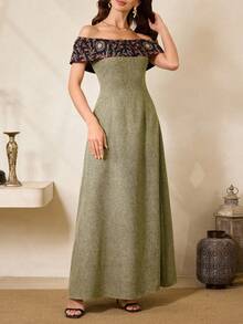 Al Najma Women's Off Shoulder Floral Print Fitted Elegant Party Dress - Yellow - View 1