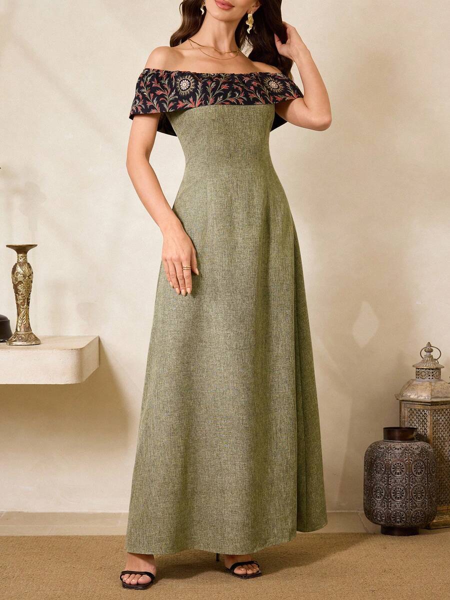 Al Najma Women's Off Shoulder Floral Print Fitted Elegant Party Dress - Yellow - View 1