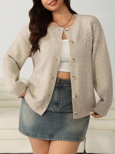 SHEIN EZwear Women's Plus Size Round Neck Drop Shoulder Floral Pattern Single-Breasted Cardigan, Fashionable & Versatile, Long Sleeve, Autumn/Winter