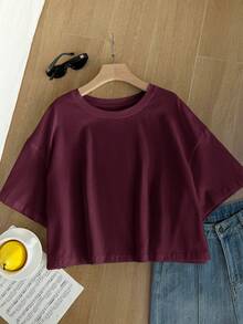 SHEIN EZwear Wine Red Solid Color Dropped Shoulder Casual Plus Size T-Shirt - Burgundy - View 5