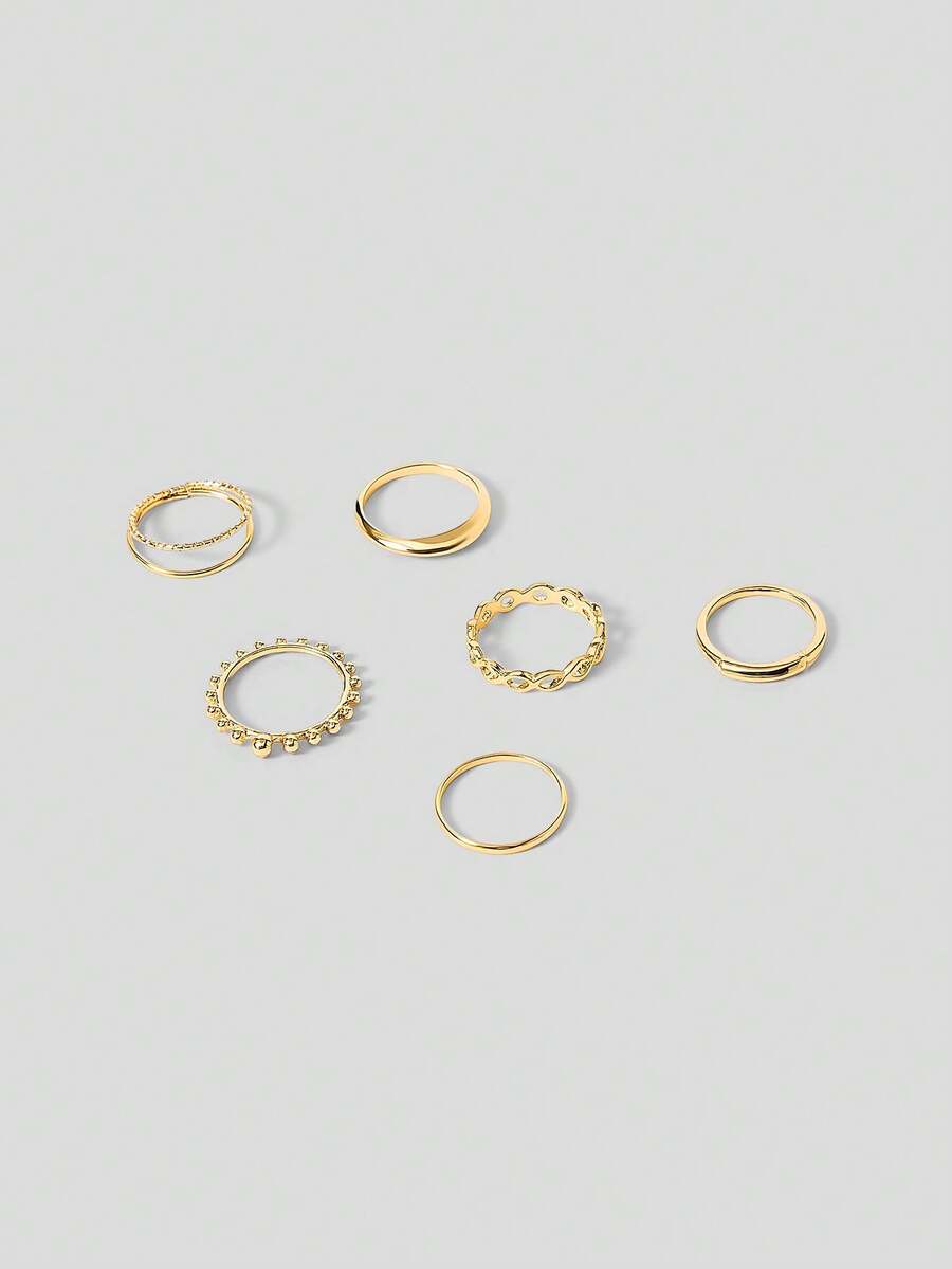 Aloruh 6pcs/Set Simple European And American Style Twisted Double-Layer Personalized Luxury Women's Daily Wear Ring