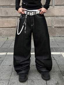 Manfinity EMRG 休闲宽松阔腿牛仔裤，后袋饰有星星和字母刺绣图案 - 黑色 - 查看 3