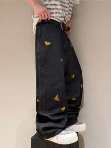 STEELVANCE 休闲宽松阔腿牛仔裤，饰有蝴蝶刺绣，百搭时尚 - 黑色 - 查看 4