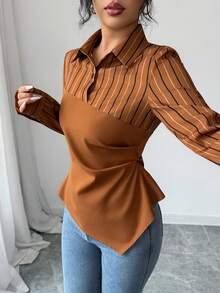 SHEIN Raffinéa Camisa de mujer con diseño de botones con cuello, de estilo de parche a rayas, irregular, con cintura ceñida para estilizar, de manga larga, elegante, casual, cómoda, de trabajo, vintage, de uso diario, para primavera/otoño/invierno - Caqui - Ver 5