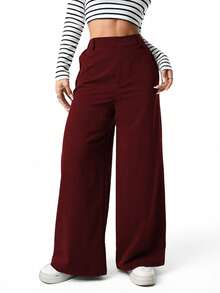SHEIN Teen Girls' Casual Everyday Commute Minimalist Solid Color High Waist Loose Wide Leg Pants - Burgundy - View 3