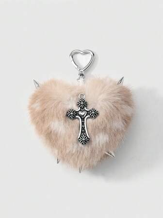 Kawaii 1 قطعة سلسلة مفاتيح بتعليق قلب ثلاثي الأبعاد مزين بالنيتات والنمر المطبوع على الفرو الصناعي البني بطراز بانك جوث Y2K، مناسب للنساء للاستخدام اليومي أو كهدية، عيد الهالوين