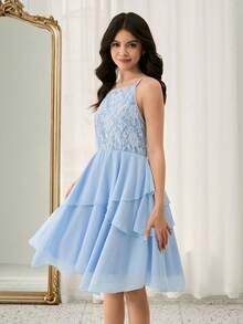 Mädchen Jugendliche Einfarbiges Kleid mit Spaghettiträgern und Rüschensaum, elegant - Babyblau - Übersicht 5