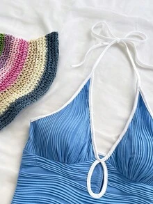 Soleia 女士休闲度假新款V领露背系带蝴蝶结镂空黑白撞色滚边修身罗纹连体裤，适合派对、约会、下午茶、海滩等多种场合。 - 藍色 - 查看 7