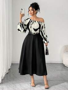 Elenzga 大码女式印花拼接喇叭连衣裙，优雅廓形，适合商务休闲场合，露肩设计，春秋季百搭单品 - 黑與白 - 查看 3