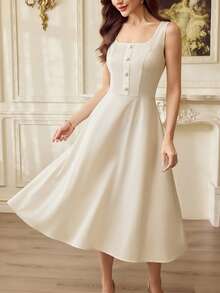 Vintamour Bộ đồ 2 món thanh lịch cổ điển dành cho nữ, Bộ đồ 2 món kiểu áo choàng ôm sát mùa thu/đông kèm váy áo choàng cài nút ve áo, Bộ đồ 2 món cổ vuông bỏ túi, Bộ đồ 2 món màu mơ - Màu be - Xem 7