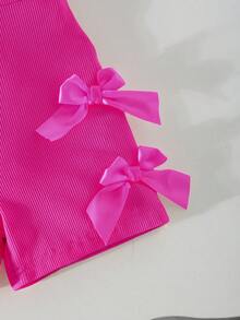 SHEIN Baby Girls' Casual Sleeveless Elastic Ribbed Fabric Bow Decor Romper, Short Style, Pink, Summer - Hot Pink - View 6