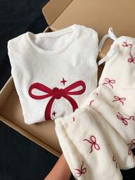 Comfortcana 2025 New Fall/Winter Fashionable Women's Bow Embroidery Round Neck Dropped Shoulder Long Sleeve Casual Loose T-Shirt Winter Clothes For Women Christmas Outfit For Women New Year Clothes  Casual Blouse For Women Graphic T-Shirt White Outfit For New Year's Eve Red Top