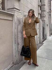 Anewsta Conjunto de traje de negocios de inspiración vintage para mujer - Blazer y pantalones de pierna ancha - Caqui - Ver 7