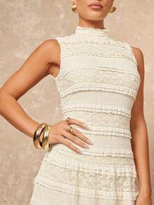 Lumalex 女士美人鱼连衣裙，荷叶边高领，收腰设计，超大喇叭裙摆 - 杏色 - 查看 7