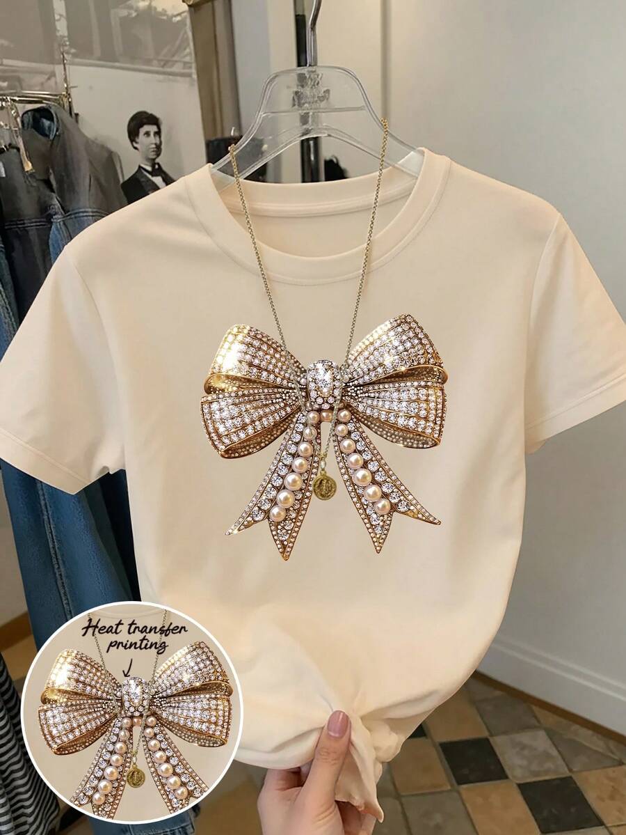 Resyla 女士休闲时尚街头风日常通勤水钻仿珍珠蝴蝶结印花短袖圆领T恤 - 卡其色 - 查看 1