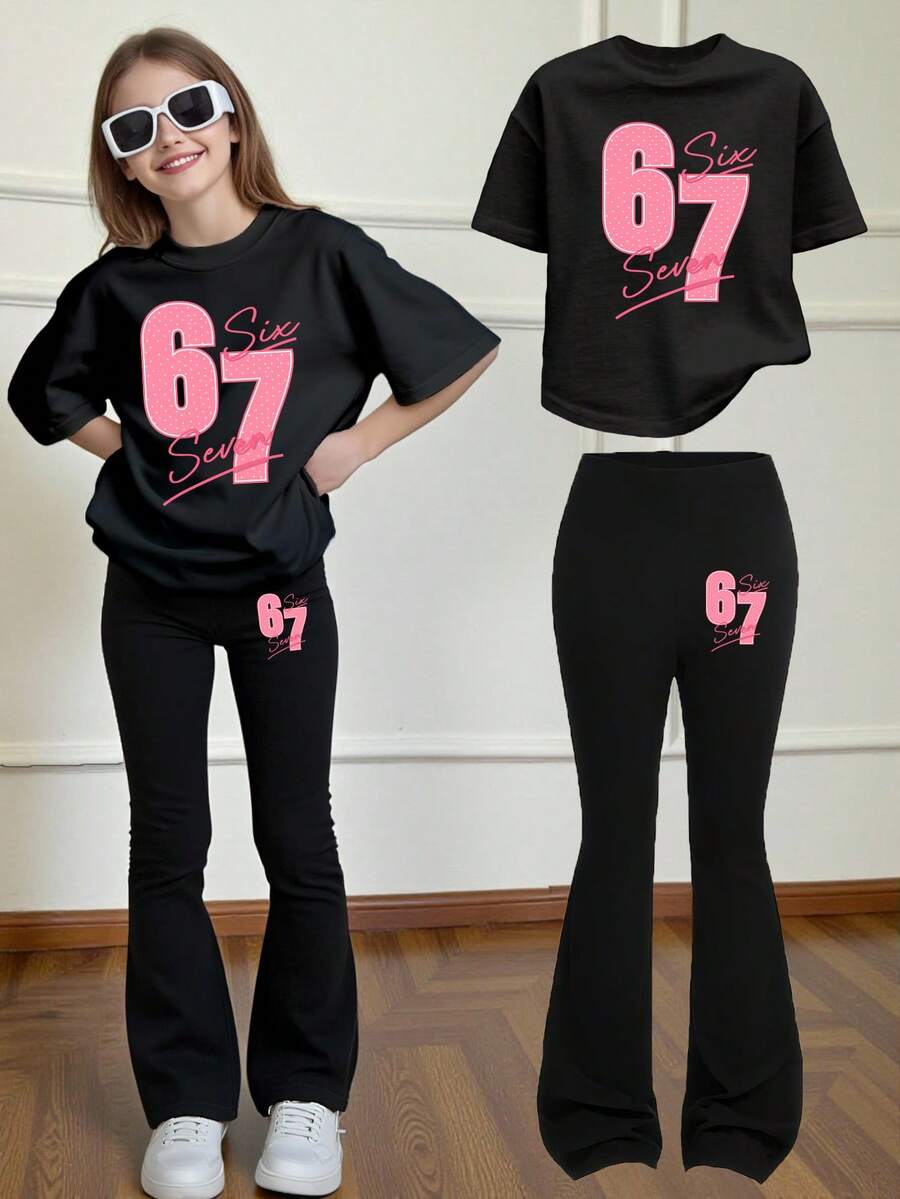 Sparklyn Phong cách mùa thu ấm áp: Thời trang thường ngày cho bé gái tuổi teen, sáng tạo, cá tính, tươi mới, tối giản với họa tiết số 67, ngôi sao, chấm bi, khẩu hiệu, áo thun ngắn và quần ống loe in hình chữ số, trang phục thoải mái cho mùa thu. - màu đen - Xem 1
