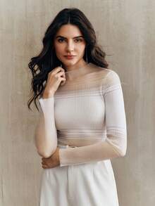 Anewsta Bộ áo thun dài tay cổ lọ màu tương phản và quần short cho nữ - trắng - Xem 4