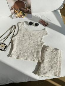 Conjunto de top corto sin mangas acanalado y shorts con volantes de cintura alta, estilo bohemio y campestre, de tela ligera y transpirable, para verano, vacaciones en la playa, almuerzos casuales y uso diario. - Beis - Ver 6