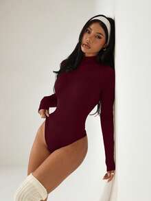 Dewbera Fashionable Solid Color Versatile Mock Neck Long Sleeve Jumpsuit, Autumn - Burgundy - View 4