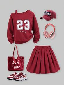 SHEIN ChillGRL 2pcs/Set Teenager Fashion Graphic Letter Print Sweatshirt & High Waist Pleated Mini Skirt,Back-To-School Graduation Sport Autumn Outfits For Girls - Burgundy - View 1