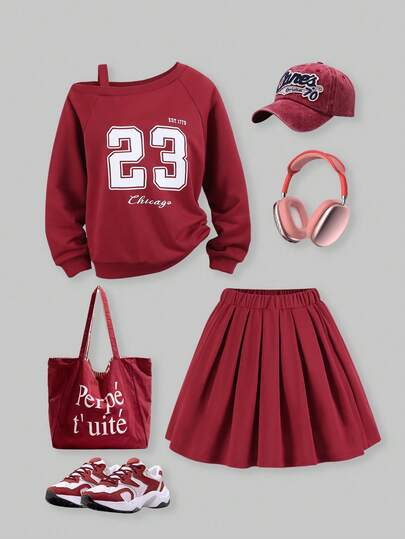 SHEIN ChillGRL 2pcs/Set Teenager Casual Fashion Graphic Letter Print Sleeveless Sweatshirt And High Waist Pleated Mini Skirt, Comfortable Soft Fabric, Stylish & Versatile, Suitable For Outings, Outdoor, Shopping, Vacation In Spring & Autumn