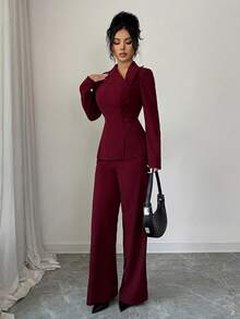 Modelyn Damen-Outfit in Burgunderrot mit Langarm-Bluse mit Kragen und Knopfleiste sowie gerader Hose, elegantes Herbst-Outfit - Bordeaux - Übersicht 6