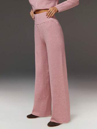 Athîral Enfärgade stickade byxor med hög midja och vida ben för kvinnor, moderna för pendling, höst/vinter