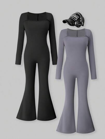SHEIN ChillGRL Mono elástico ajustado y sexy con cuello redondo, versátil para todas las estaciones, para adolescentes y chicas jóvenes de moda