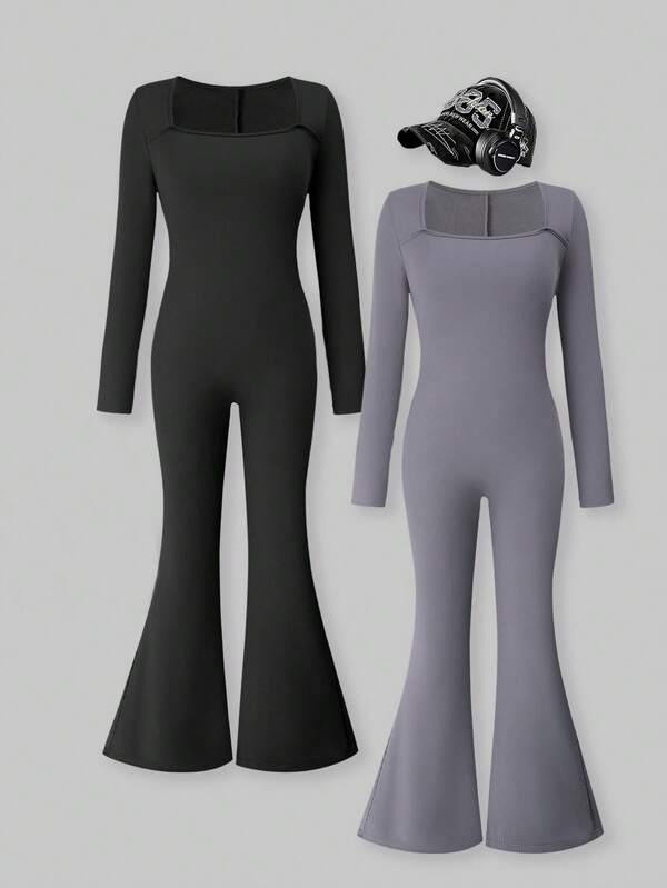 SHEIN ChillGRL Streecool Teen Girl Teens Girls Fashionable Sexy Slim Fit Elastic Jumpsuit With Crew Neck, Versatile For All Seasons