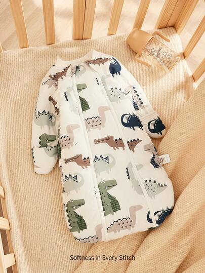 Cozy Pixies 1件婴儿睡袋，恐龙印花，长袖，加厚保暖，适合新生儿
