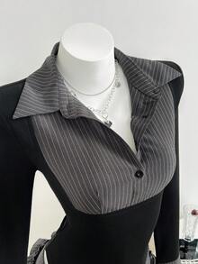 Elamini 女士夏季休闲两件套，包括一条层叠半裙和一件撞色衬衫，适合新年派对穿着 - 灰色 - 查看 4