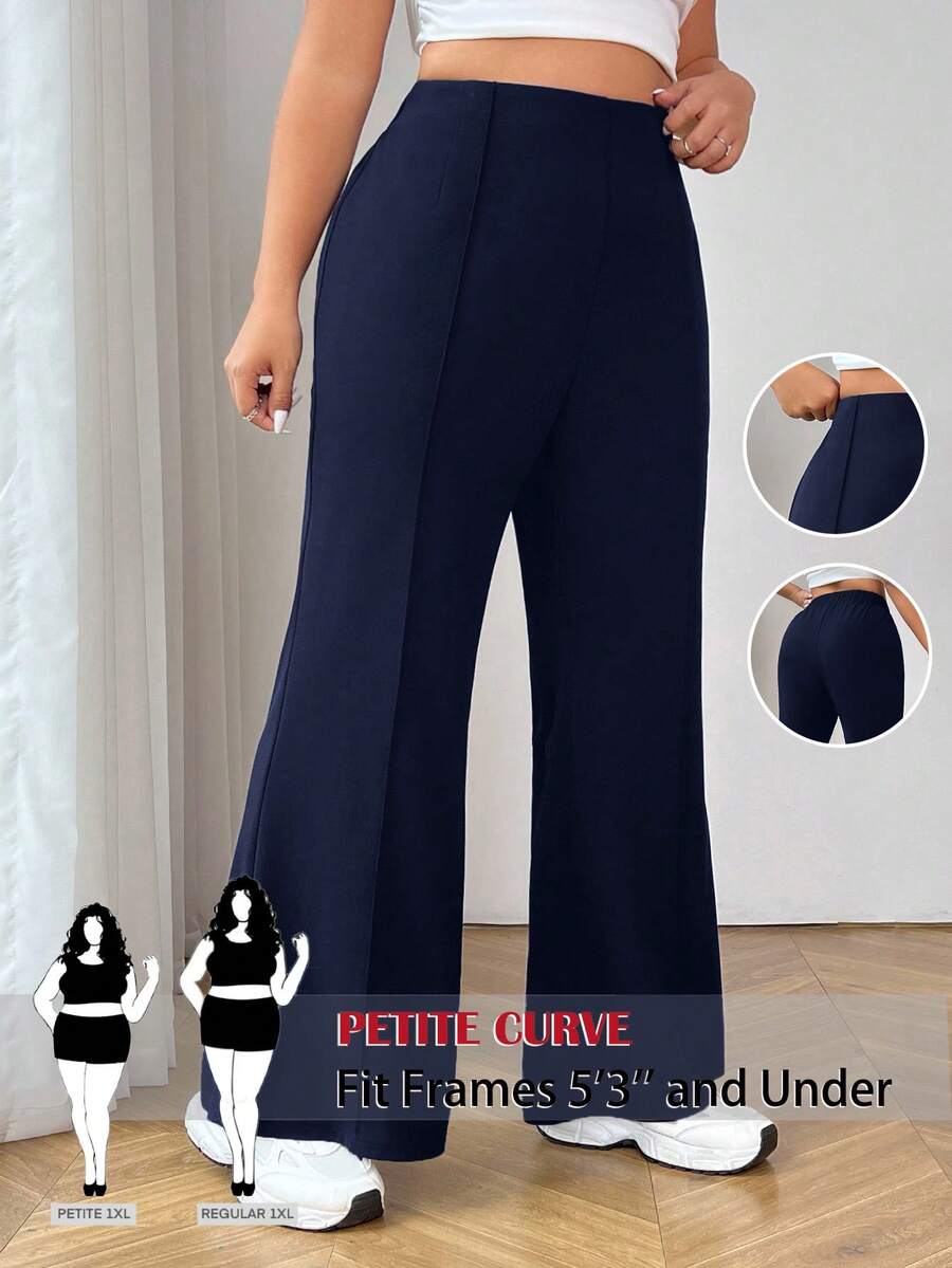SHEIN PETITE CURVE Plus Size Fashionable Versatile Solid Color Flare Pants Autumn Winter Clothes For Women - Navy Blue - View 1