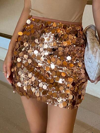 Livesso Minifalda elegante con adornos de lentejuelas en color dorado/champán, adecuada para Año Nuevo, Navidad, boda, fiesta, ocasiones formales, carnaval de otoño/invierno