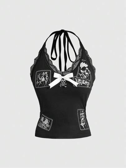Grunge Punk Canotta stile gotico con inserti in pizzo, ricami di teschi, ragni e occhi, e dettagli di cucitura, per donna