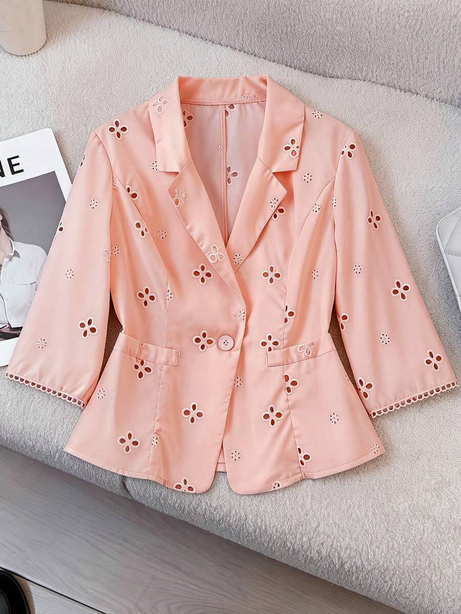 GlowEve CURVE Plus Size Elegant Commuter Solid Color Hollow Embroidery Thin Blazer - Pink - View 1