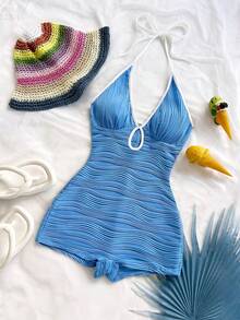 Soleia 女士休闲度假新款V领露背系带蝴蝶结镂空黑白撞色滚边修身罗纹连体裤，适合派对、约会、下午茶、海滩等多种场合。 - 藍色 - 查看 5