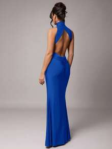 Silquee 女士优雅派对长袖性感高领露背连衣裙，金属扣装饰，酒红色/锚红色，弹力针织面料，适合鸡尾酒会、浪漫约会、秋冬针织连衣裙、派对、婚礼、伴娘、晚礼服、万圣节、圣诞节等场合。 - 寶藍色 - 查看 2