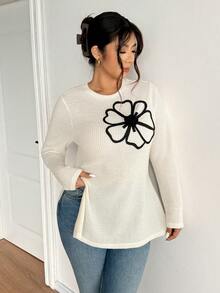 Lounesse Camiseta de punto con cuello redondo y diseño de abertura lateral para mujer talla grande, camiseta casual cómoda de talla grande - Beis - Ver 5