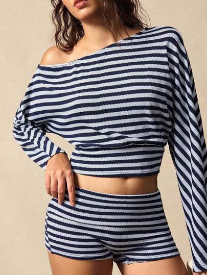 VARSIVA Women's Blue Color-Blocked Striped Off-Shoulder Long-Sleeve Top And Fold-Up Waist Shorts Casual Sports Suit.