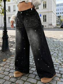 Dripcurv Quần jean ống đứng rộng rãi, màu đen, phong cách cổ điển, dành cho nữ cỡ lớn, quần jean đen đính đá, trang phục cho năm mới, Giáng sinh. - màu đen - Xem 5