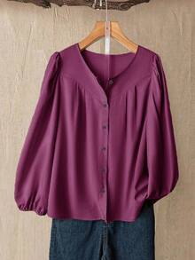 Linhara Áo cánh tay dài dáng rộng cổ tròn thanh lịch, thoải mái, thời trang cỡ lớn dành cho nữ, mùa thu - Màu đỏ tím - Xem 1