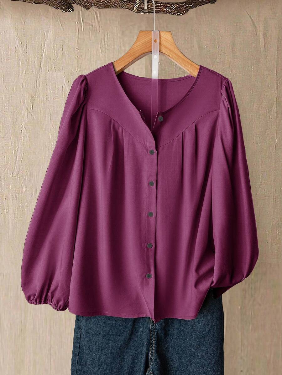 Linhara Áo cánh tay dài dáng rộng cổ tròn thanh lịch, thoải mái, thời trang cỡ lớn dành cho nữ, mùa thu - Màu đỏ tím - Xem 1