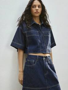 Maija Women's Dark Blue Denim Top, Short-Sleeved Denim Shirt,Summer Tops, Casual Preppy Style Outfits - Dark Wash - View 3