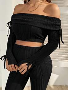 SHEIN Maternity Clothes Maternity Co Ord Set  Spring And Summer  Pregnant Clothes Black Maternity Set: Off-The-Shoulder Top + Flared Pants With Slits, Comfortable And Casual - Black - View 2